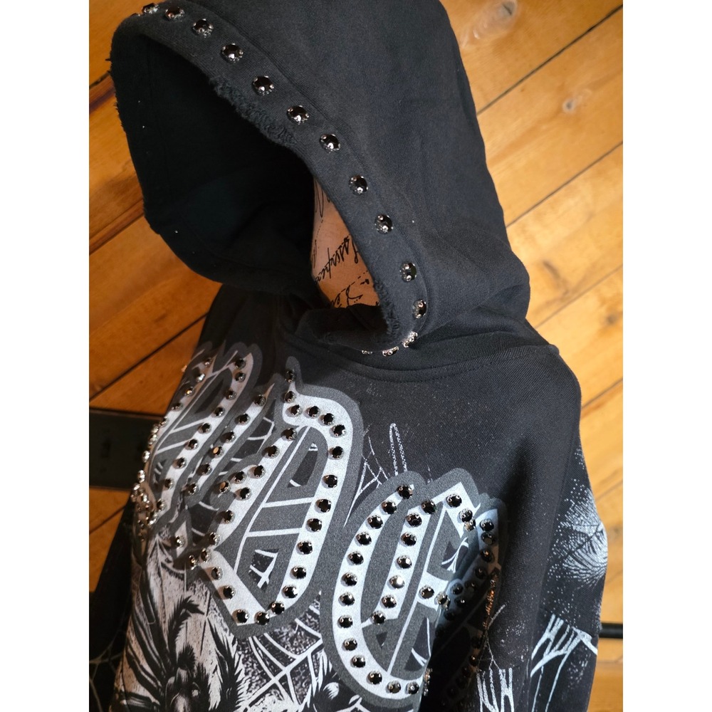 Stray Black Spider Web Rhinestone Hoodie Mens Small Gothic Streetwear - Picture 2 of 6